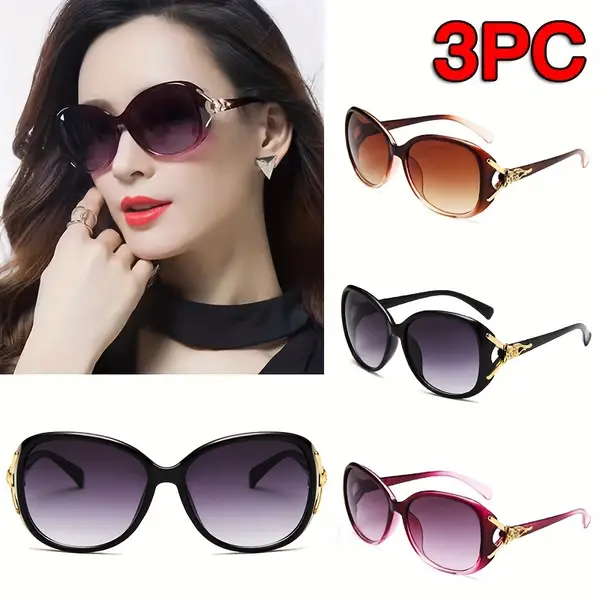 3pcs Oval Large Frame Glasses Women's Fashion Glasses Vintage Sun Protection Luxury Golden