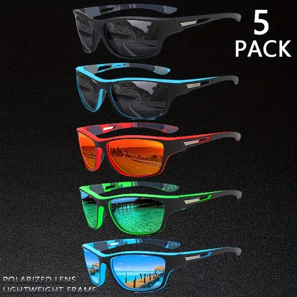 OUTU 5-Pack Polarized Sports Glasses for Men, Full Rim TAC Lens UV Protection, PC Frame for Climbing, Fishing, Running - Multipurpose Outdoor Adventure Eyewear with Anti-Fog Cloth